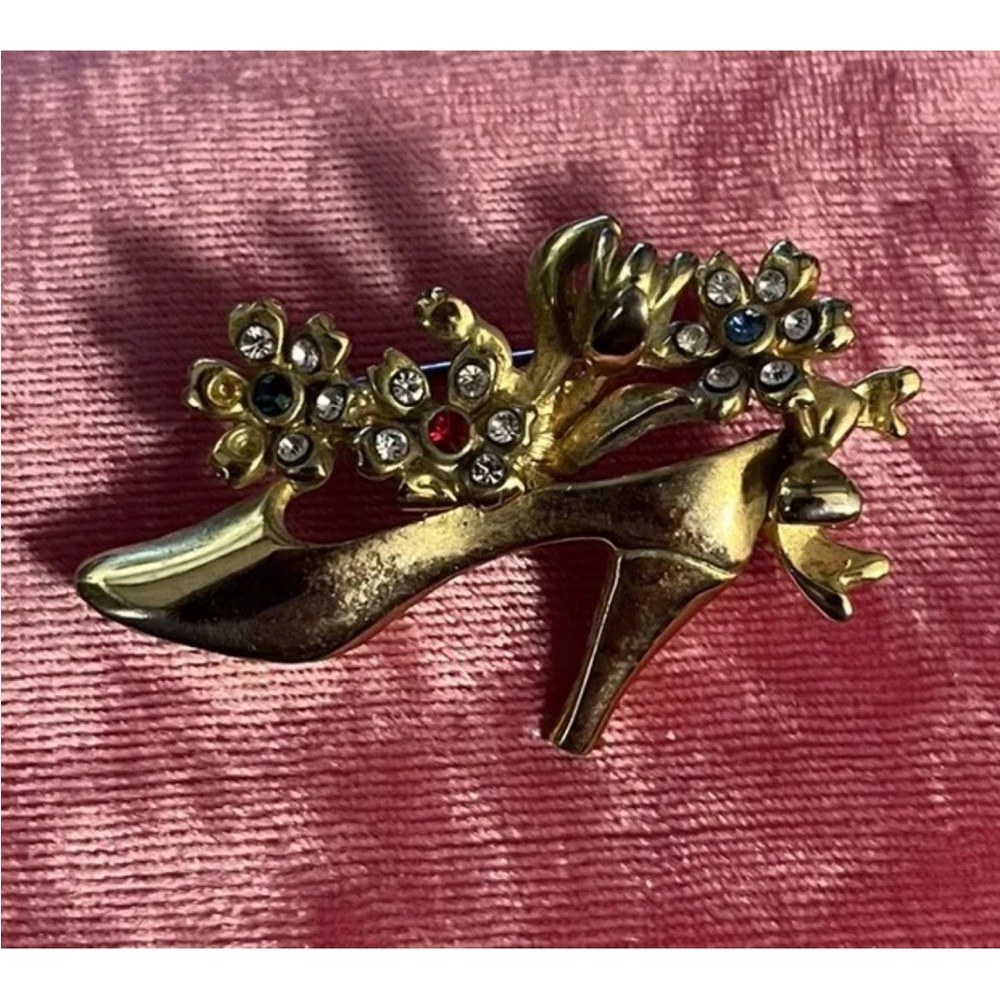 Vintage Shoe Brooch Pin, Goldtone with Multicolored Rhinestones, Unbranded